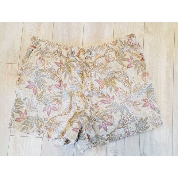 Cynthia Rowley XL 100% Linen Pull-on Shorts Size XL Neutral Colors Leaf Print - Picture 1 of 7